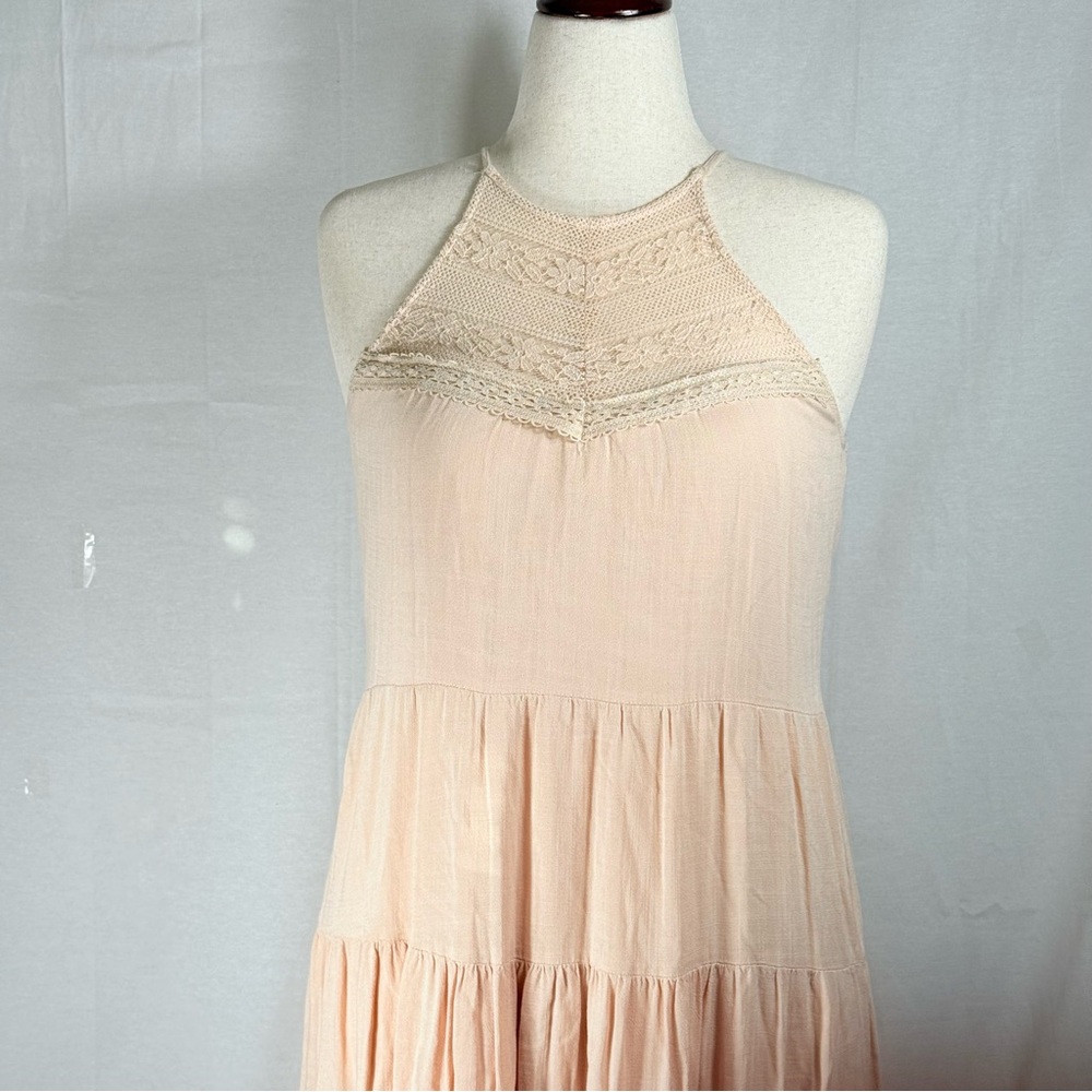 By The River Size Small Tiered Halter Maxi‎ Dress Ecru Button Back Closure
